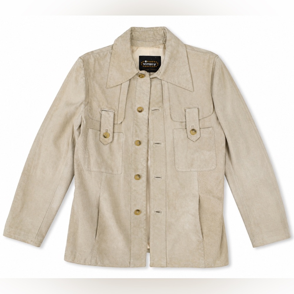 Vintage-Inspired Light Beige Suede Button Front Jacket